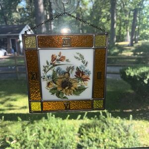 Vintage Amber and Yellow Stained Glass Floral Clock. Works